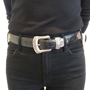Brighton Black Leather Belt with Ornate Silver Buckle